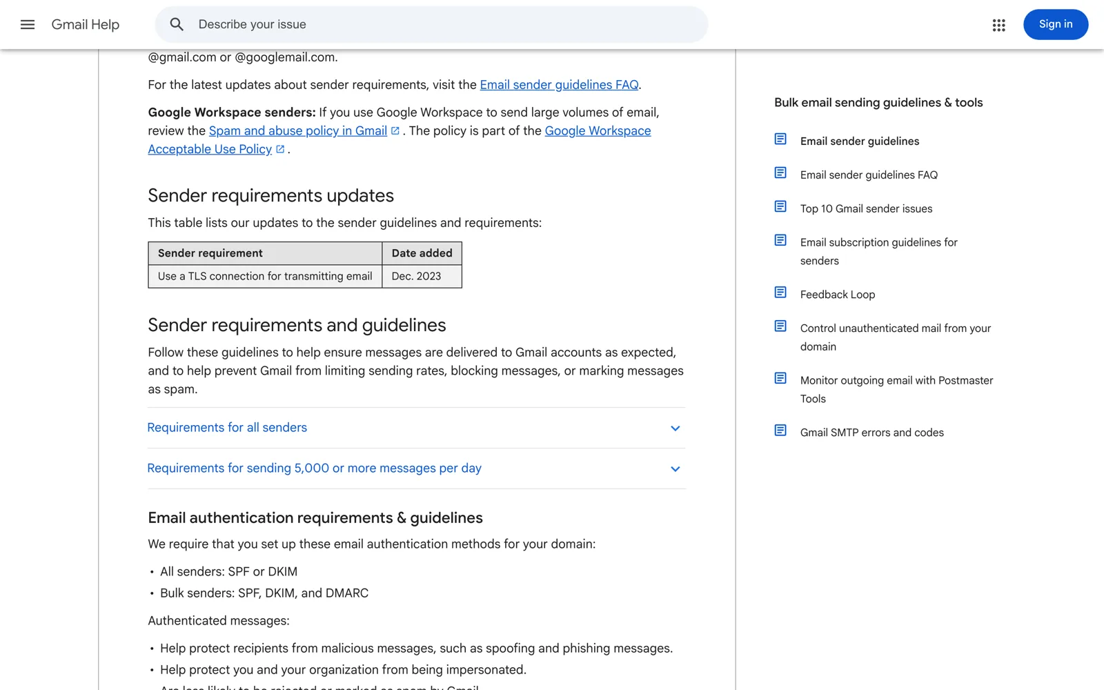 Googles Email sender guidelines: krav til alle afsendere og til afsendere med 5.000 eller flere beskeder om dagen, herunder SPF, DKIM og DMARC.