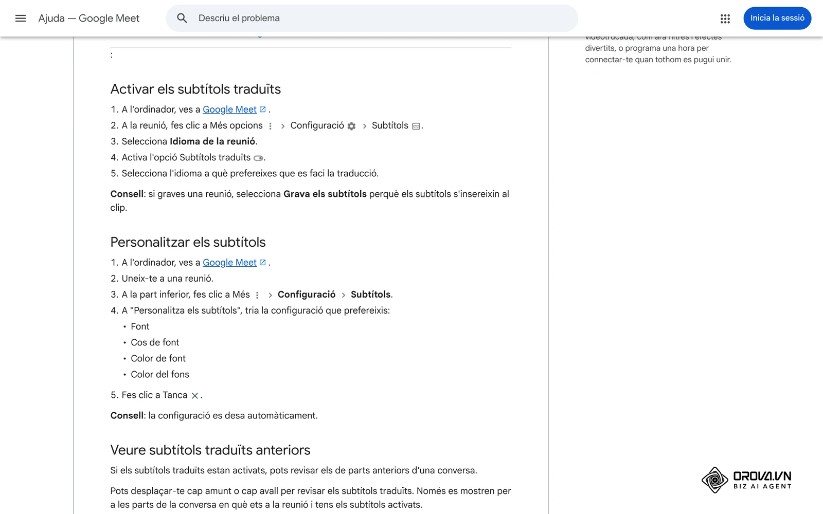 Ajuda oficial de Google Meet en català: passos per activar els subtítols traduïts durant una reunió.