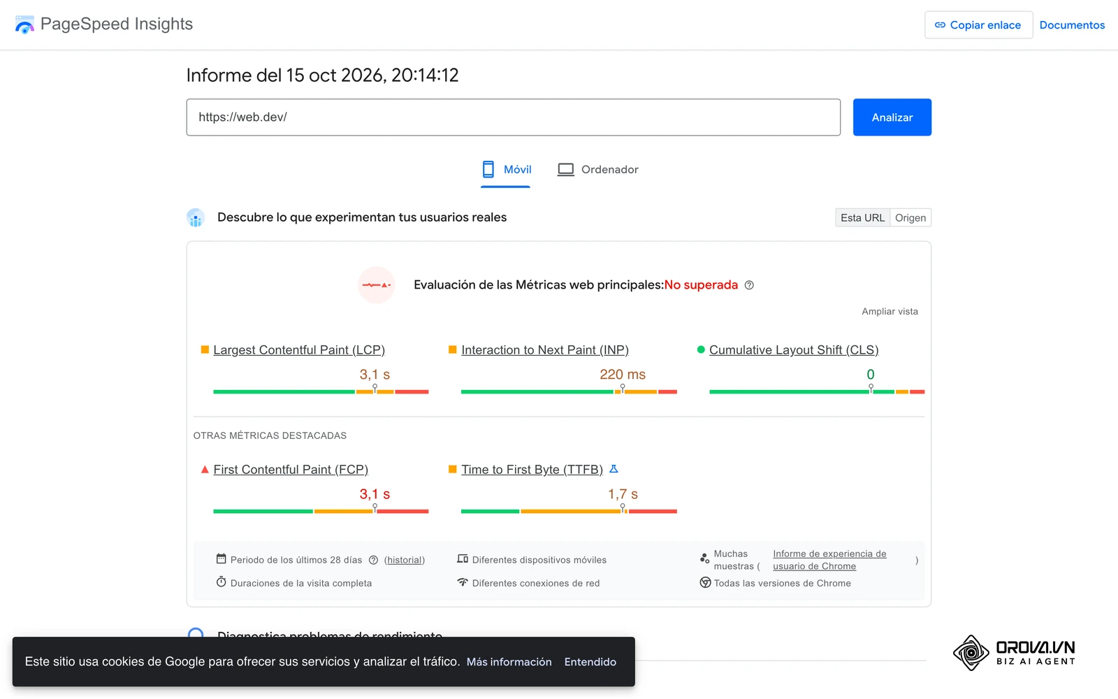 Informe de PageSpeed Insights de web.dev en móvil (15/10/2026): evaluación de Core Web Vitals con LCP, INP y CLS de usuarios reales.