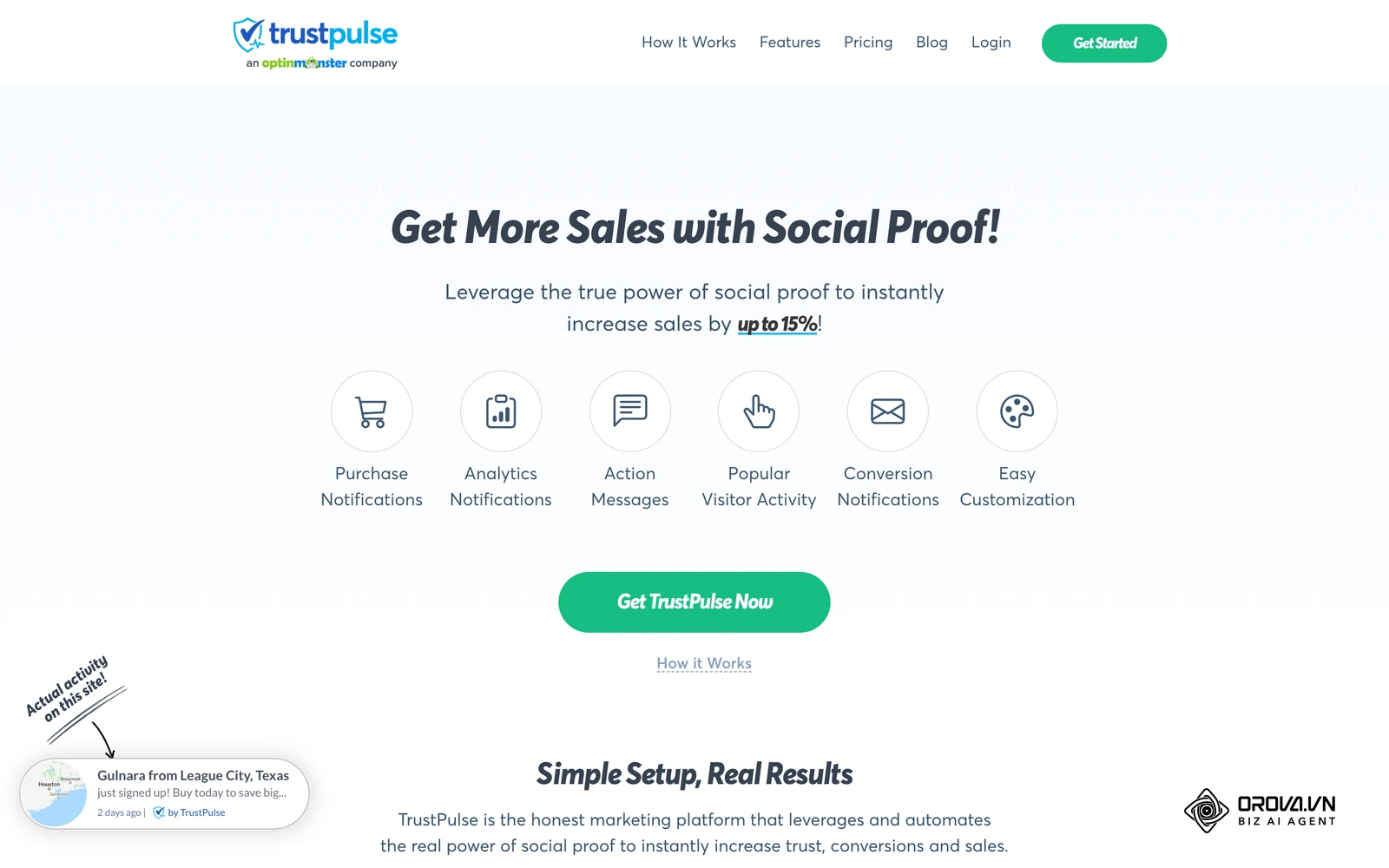 หน้าเว็บไซต์หลักของ TrustPulse เครื่องมือสร้างการแจ้งเตือนเล็กๆ บนหน้าเว็บว่ามีคนเพิ่งซื้อหรือสมัครใช้งาน