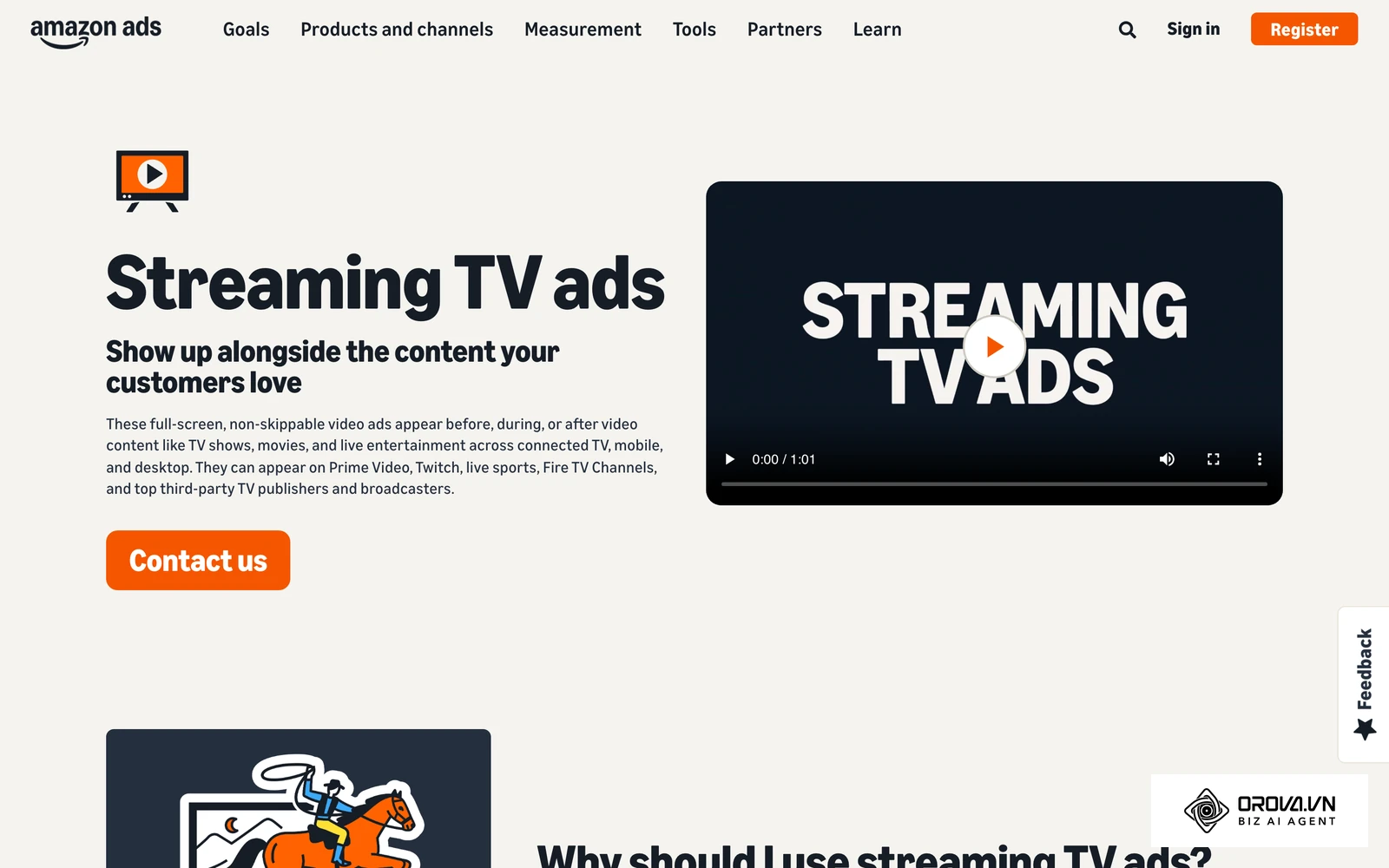 Amazon Ads product page for streaming TV ads, which run on Prime Video, Fire TV and other connected TV apps.