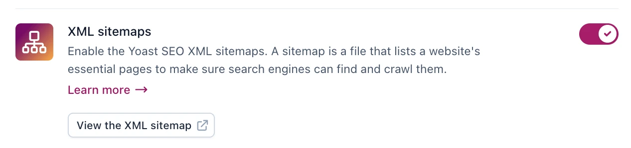 ប៊ូតុងបិទបើក XML sitemaps ក្នុងផ្ទាំង Site features របស់ Yoast SEO និងប៊ូតុង View the XML sitemap ដើម្បីបើកមើល sitemap_index.xml (រូបភាពផ្លូវការពី yoast.com)