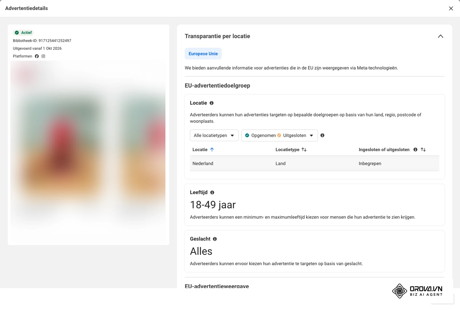 Advertentiedetails, blok Transparantie per locatie, tab Europese Unie: EU-advertentiedoelgroep met locatie Nederland, leeftijd en geslacht (advertentie vervaagd).