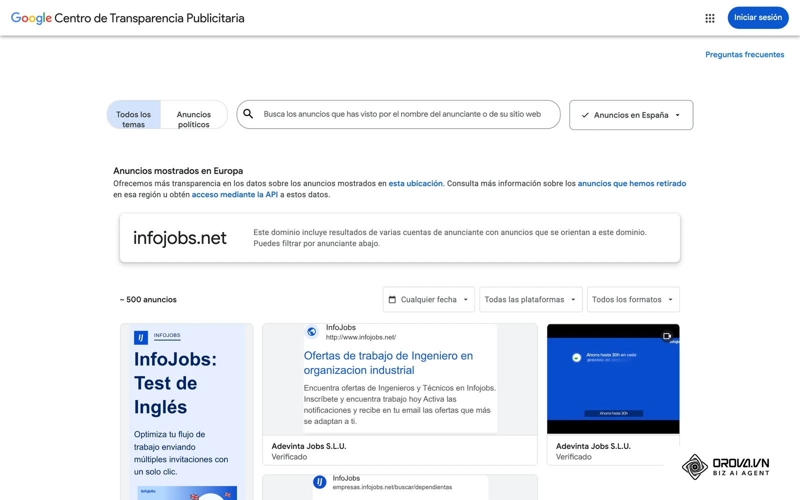 Anuncios reales de InfoJobs en el Centro de transparencia de anuncios de Google (España): el reclutamiento es la fase de marketing que atrae candidatos.