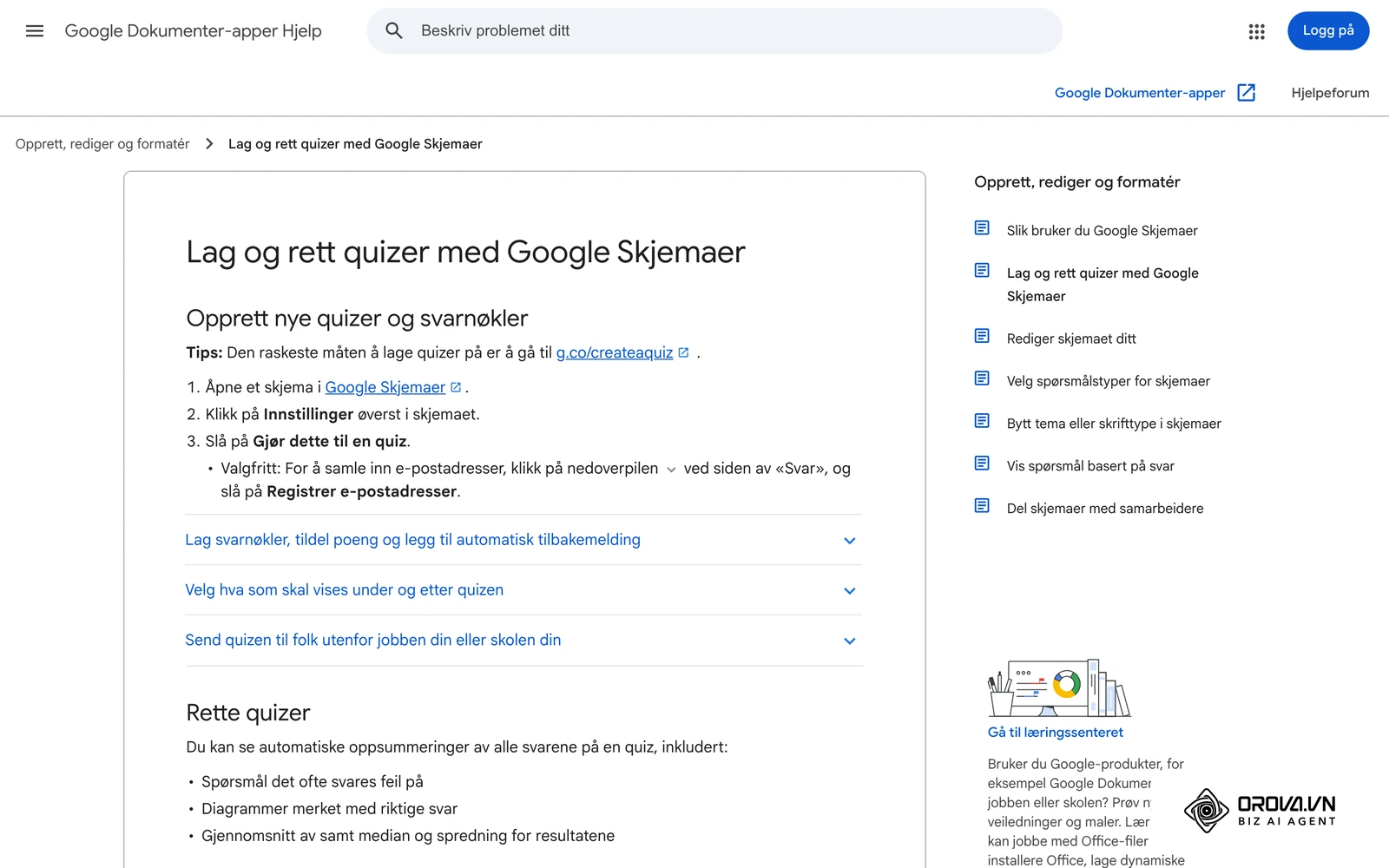 Googles norske hjelpeside «Lag og rett quizer med Google Skjemaer»: Innstillinger, Gjør dette til en quiz og svarnøkler.