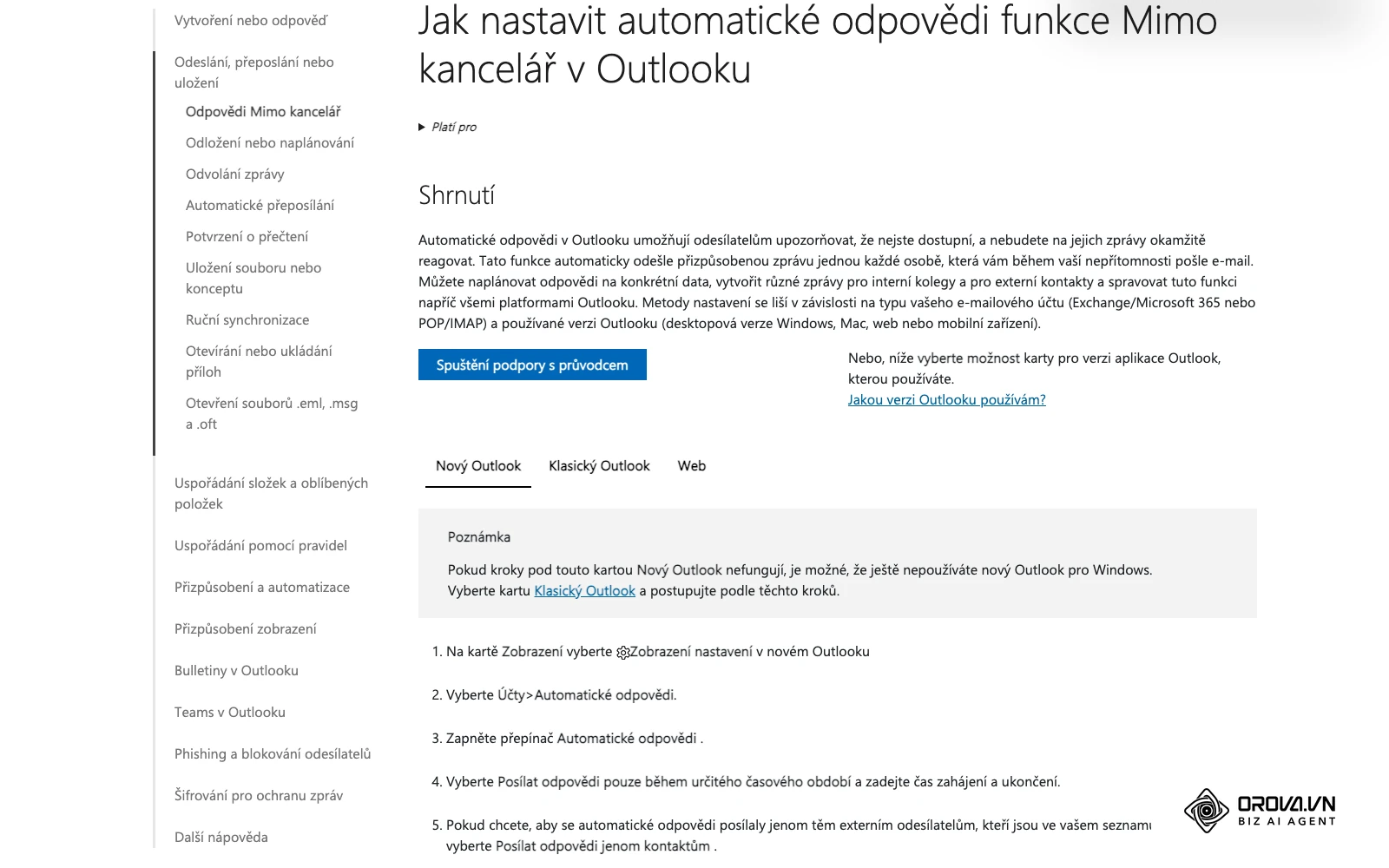 Česká nápověda Microsoftu: nastavení automatických odpovědí mimo kancelář v Outlooku.