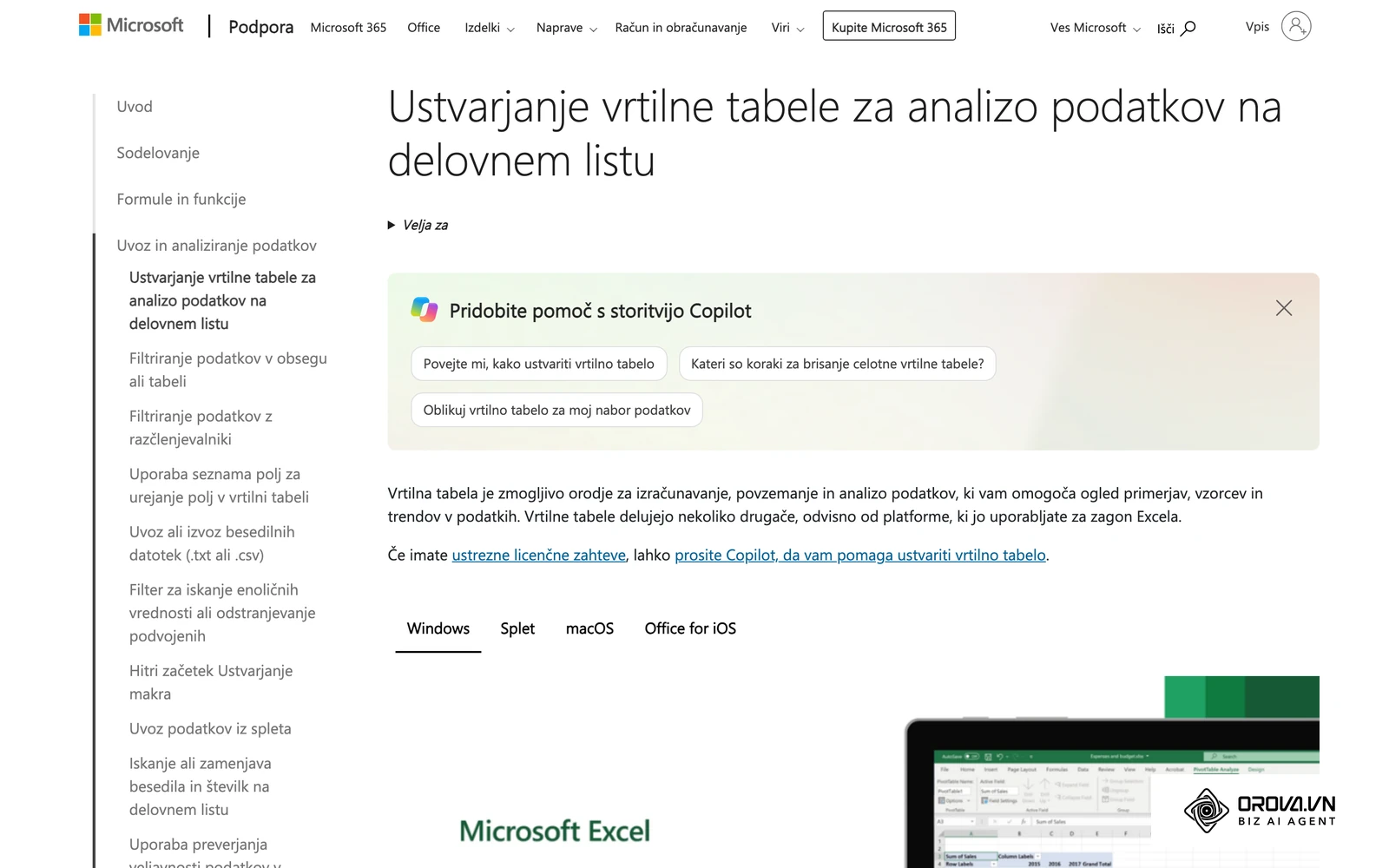 Microsoftova podpora (sl-si): ustvarjanje vrtilne tabele za analizo podatkov na delovnem listu.