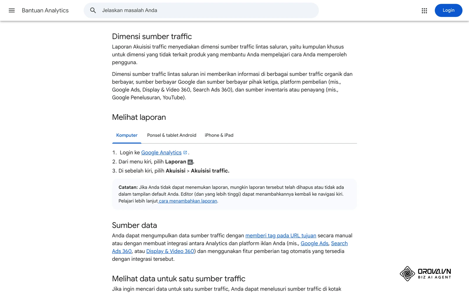 Halaman bantuan Google Analytics tentang laporan Akuisisi traffic: buka Laporan > Akuisisi > Akuisisi traffic untuk melihat sumber dari URL ber-UTM.