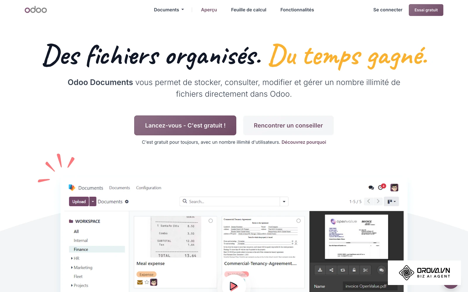 Page officielle de l'application Documents d'Odoo : classement numérique des pièces justificatives, utile pour présenter ses preuves lors d'un contrôle.