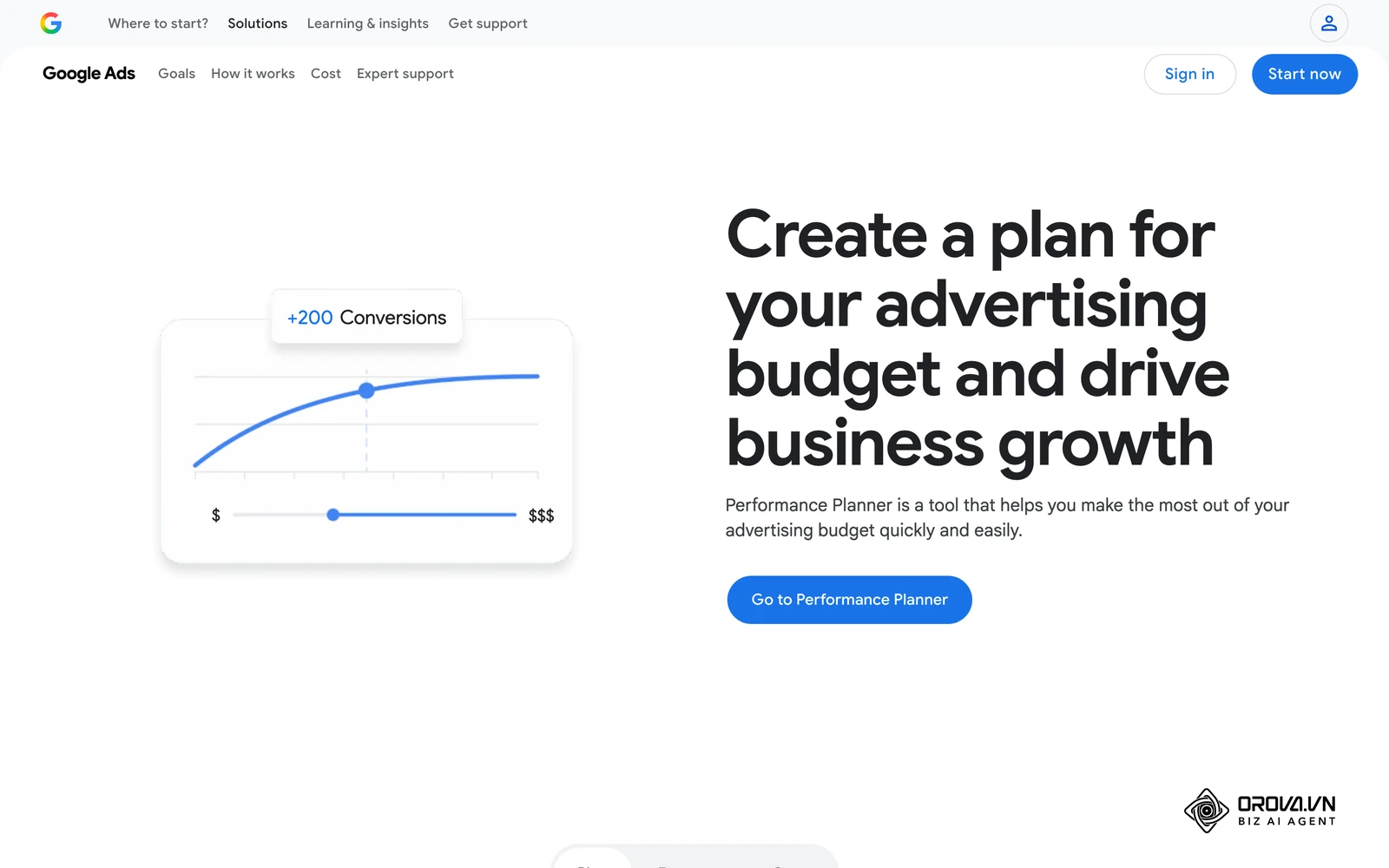 ទំព័រផ្លូវការ Performance Planner របស់ Google Ads បង្ហាញរូបអេក្រង់ការធ្វើផែនការថវិកា និងការប៉ាន់ស្មានលទ្ធផលតាមកម្រិតចំណាយ