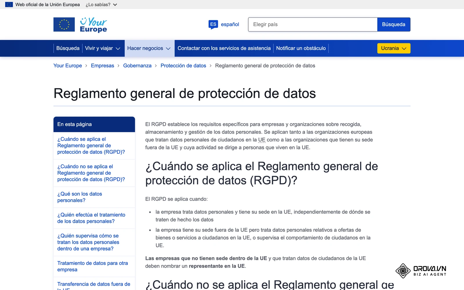 Portal Your Europe de la Comissió Europea (versió en castellà) amb les obligacions del RGPD per a les empreses que tracten dades de clients.