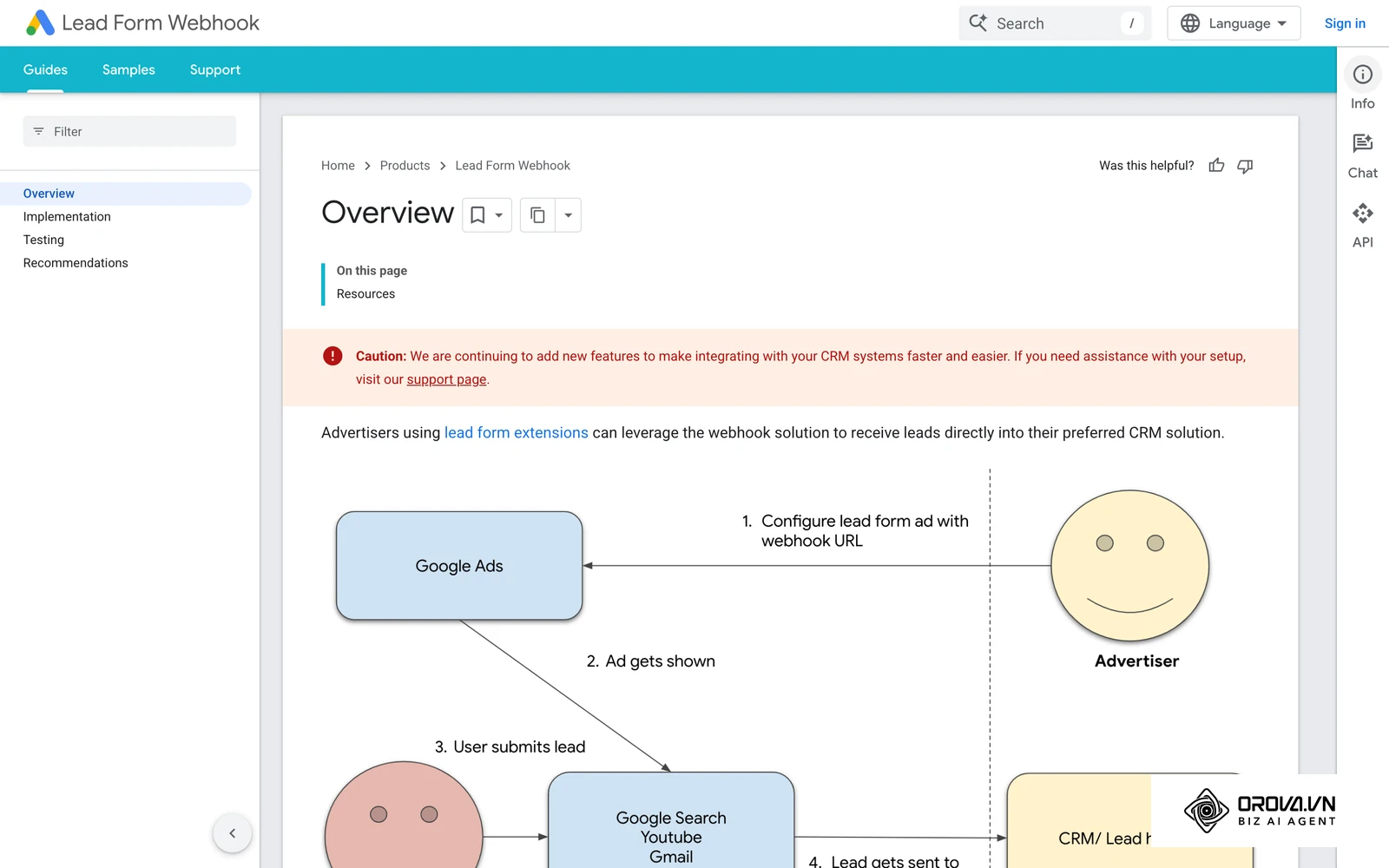 Google's developer documentation for the lead form webhook, which sends each submission to your own system.