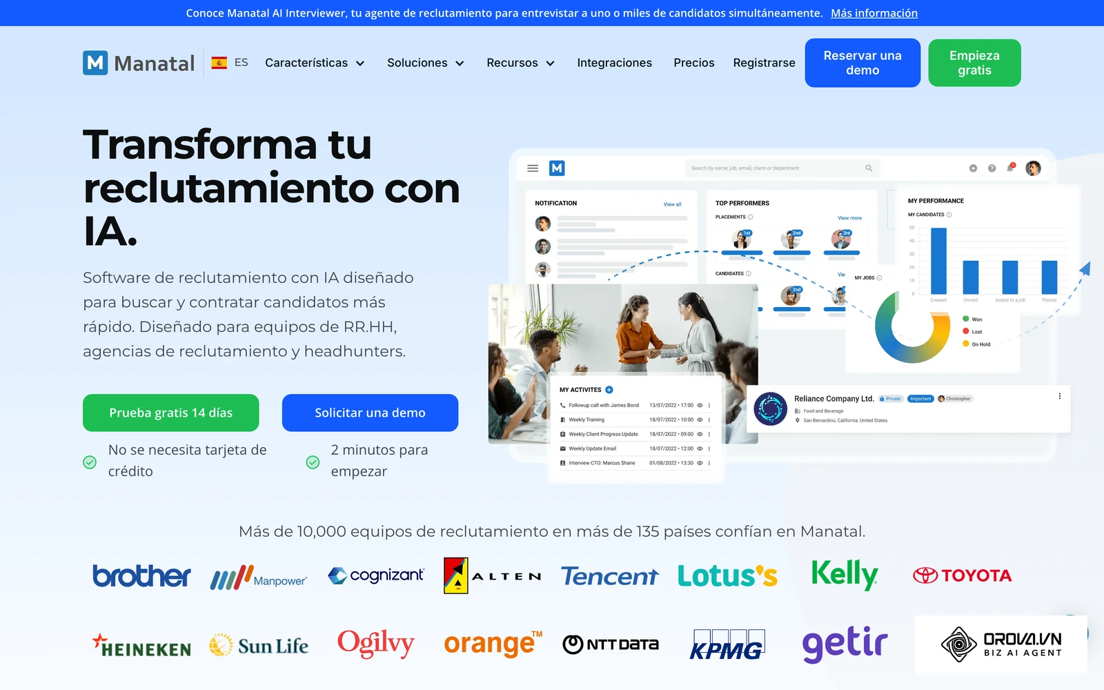 Panel de un software de reclutamiento (Manatal) con actividades, candidatos destacados y vacantes: el tipo de herramienta con la que trabaja a diario un técnico RRHH.