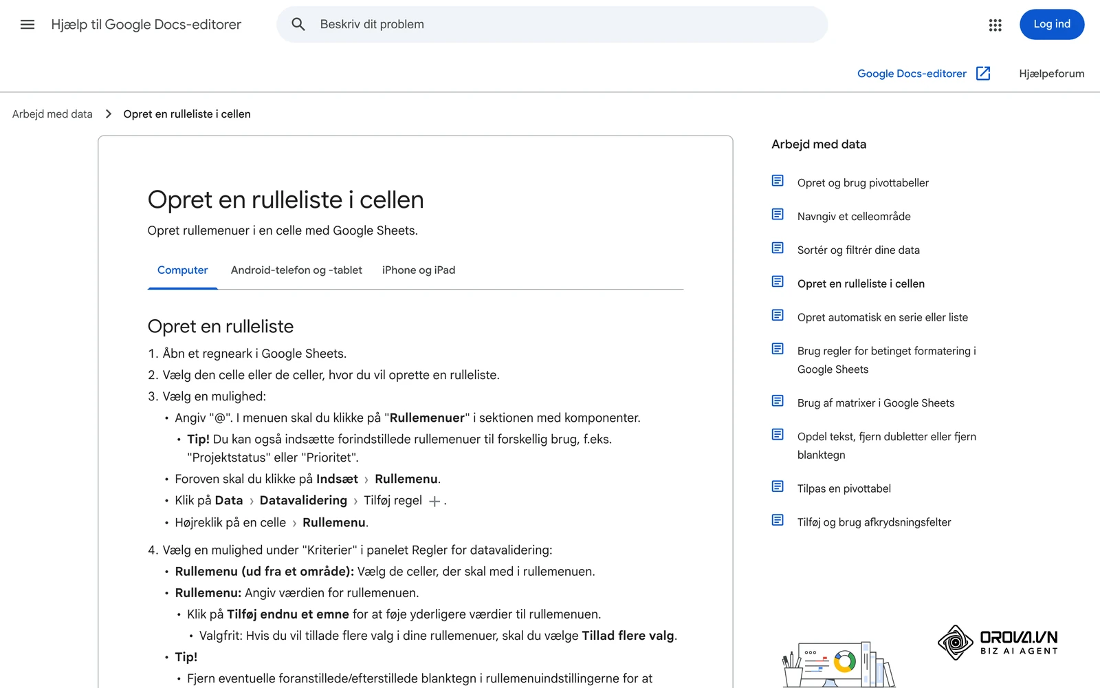 Googles danske hjælpeside om rullelister i Google Sheets. Samme funktion bruges til Læringsformat og Status i fanen 30-60-90 plan.