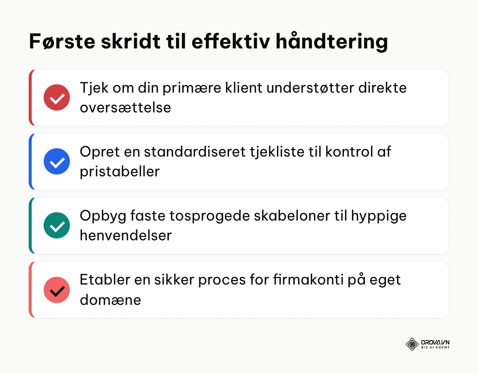 Opsummerende tjekliste over de første handlinger for at optimere mailoversættelse
