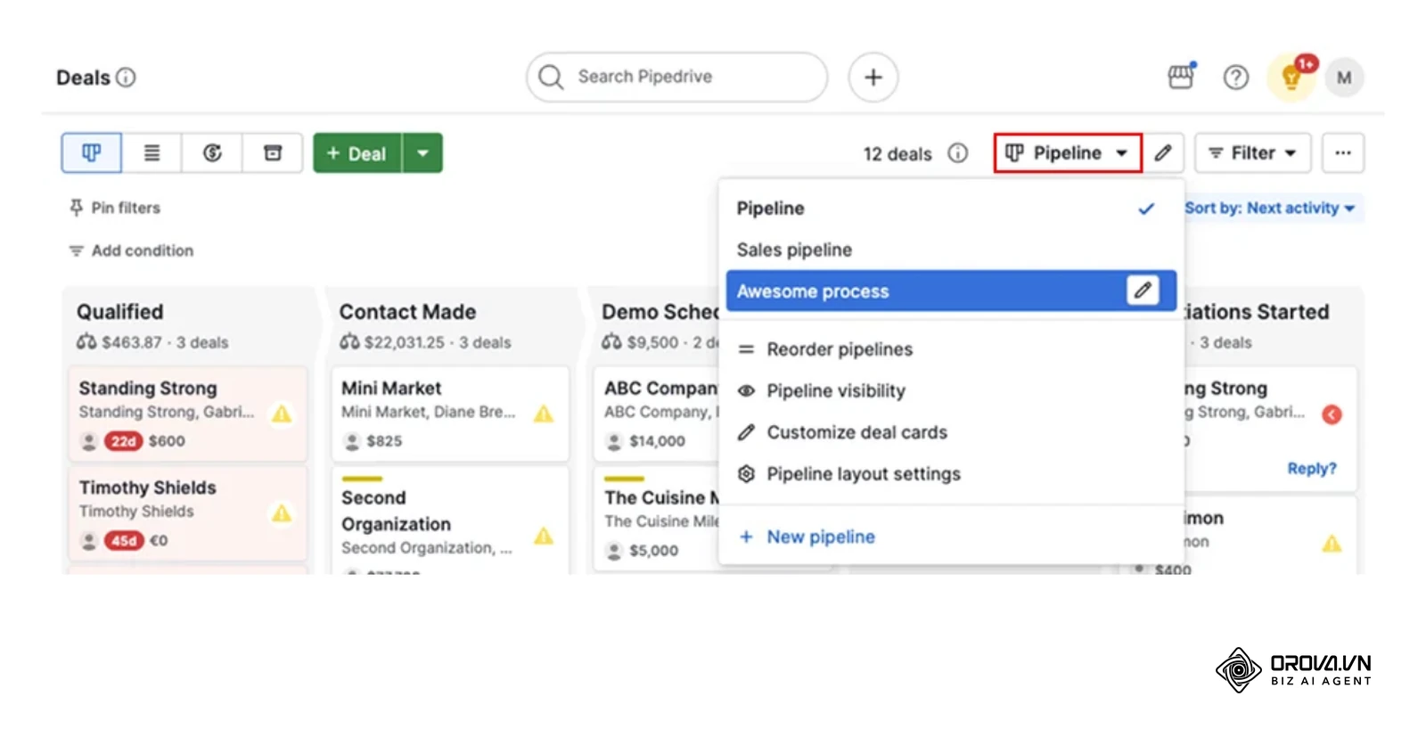 Contoh menu pengaturan pipeline dari halaman bantuan sebuah layanan CRM: membuat pipeline baru, mengurutkan pipeline, dan menyesuaikan kartu transaksi.