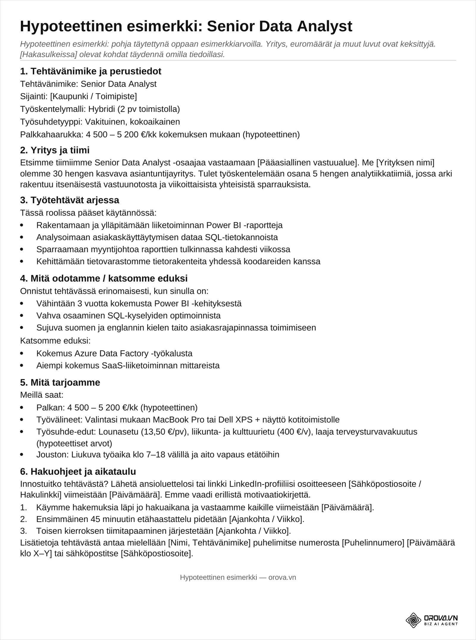 Ladattavan Word-tiedoston 2. sivu: pohja täytettynä hypoteettisella Senior Data Analyst -esimerkillä, palkkahaarukka 4 500 – 5 200 €/kk merkitty hypoteettiseksi.