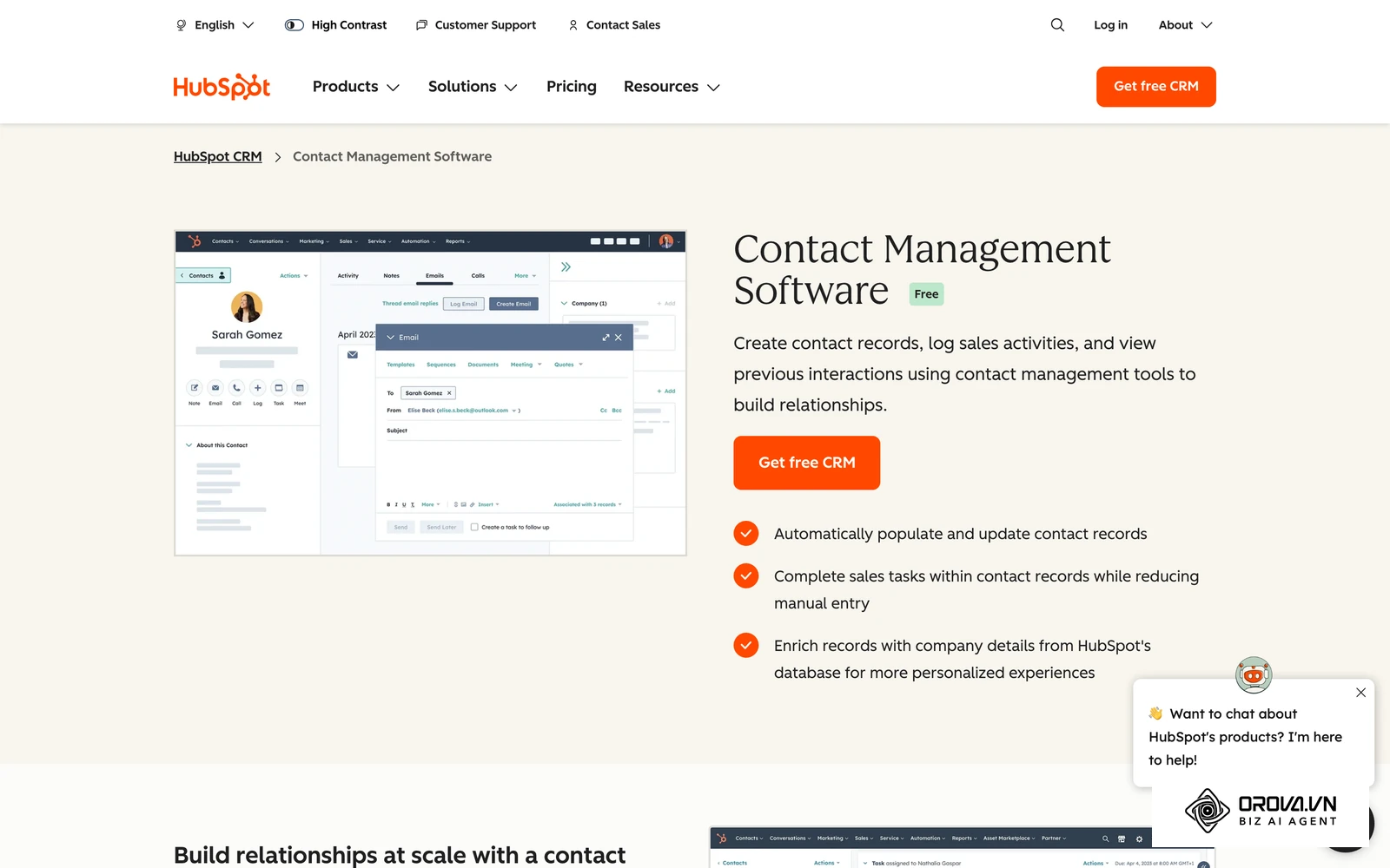 HubSpot's official contact management page, showing a contact record with its details and activity history in one view.