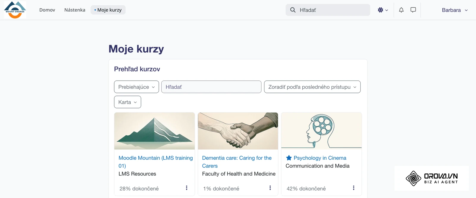 Prehľad „Moje kurzy“ v slovenskom rozhraní Moodle (demo Mount Orange) s percentom dokončenia pri každom kurze.