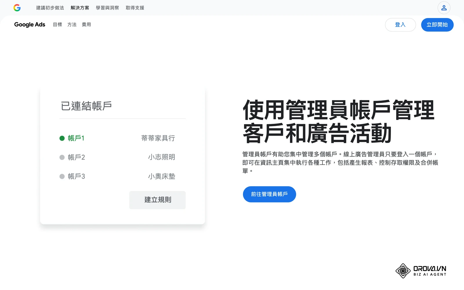 Google Ads 經理帳戶 MCC 官方介紹頁面,專門用於多帳戶階層管理與代理商權限分配