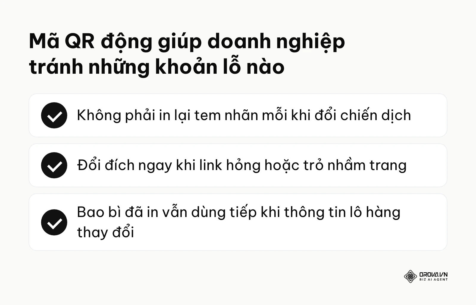 Tóm tắt ba giá trị của mã QR động với doanh nghiệp: bớt in lại, sửa link hỏng, giữ bao bì đã in.