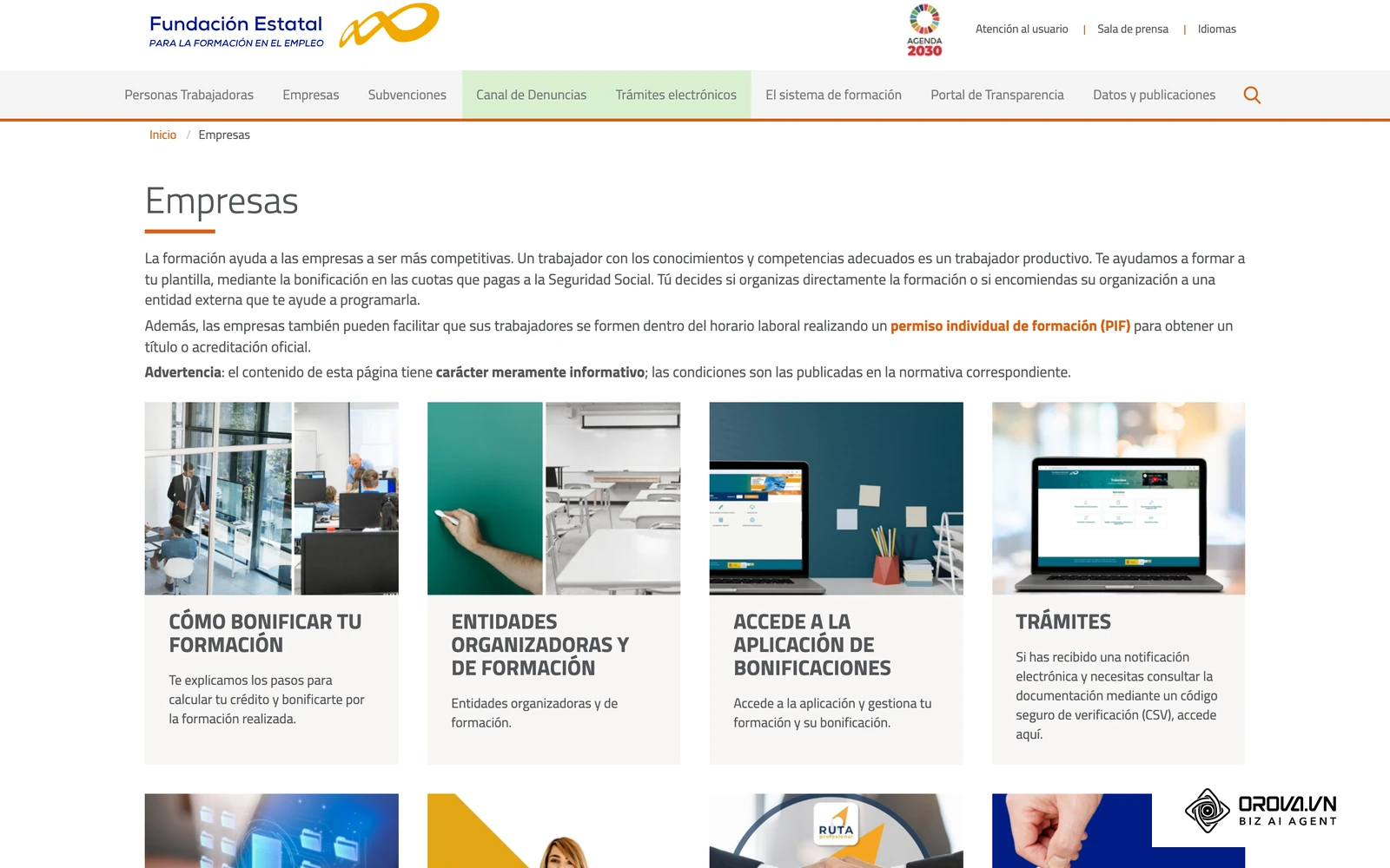 Secció per a empreses del portal de FUNDAE, des d'on s'accedeix al càlcul del crèdit i a l'aplicació de bonificacions.