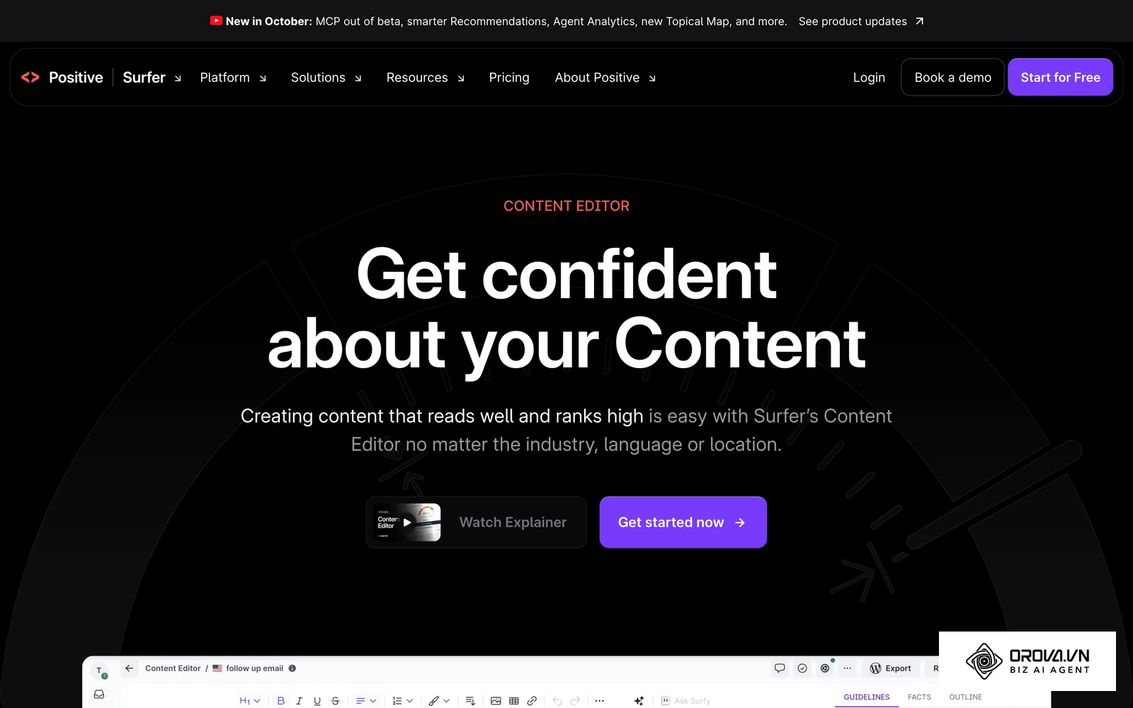 ទំព័រ Content Editor របស់ Surfer SEO លើគេហទំព័រផ្លូវការ សម្រាប់សរសេរអត្ថបទតាមពាក្យគន្លឹះ និងពិន្ទុមាតិកា