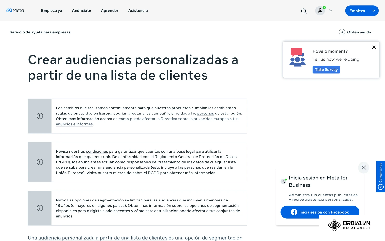 Página oficial de ayuda de Meta para crear un público personalizado a partir de una lista de clientes.