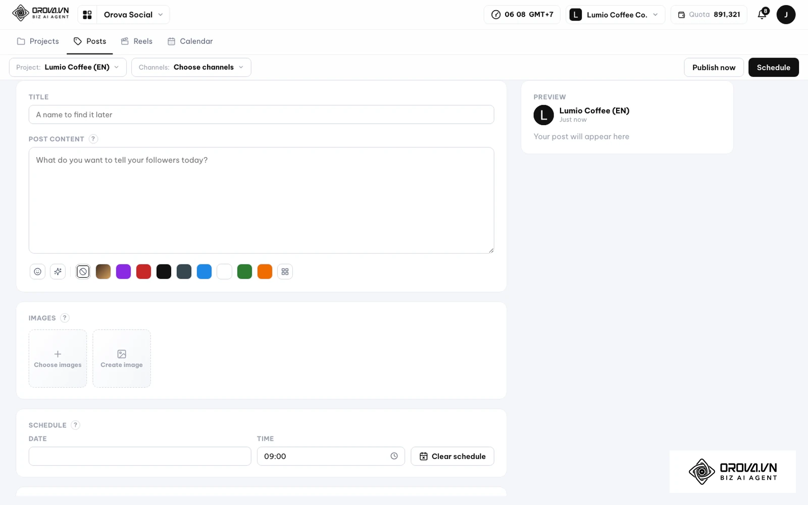 Obrazac nove objave u Orova Social: odabir projekta i kanala (Choose channels), tekst objave, slike (Choose images, Create image), datum i vrijeme u dijelu Schedule te gumbi Publish now i Schedule.