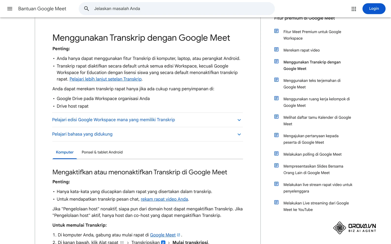 Halaman bantuan resmi Google Meet (bahasa Indonesia) tentang transkrip rapat, bahan awal untuk menyusun notulen.