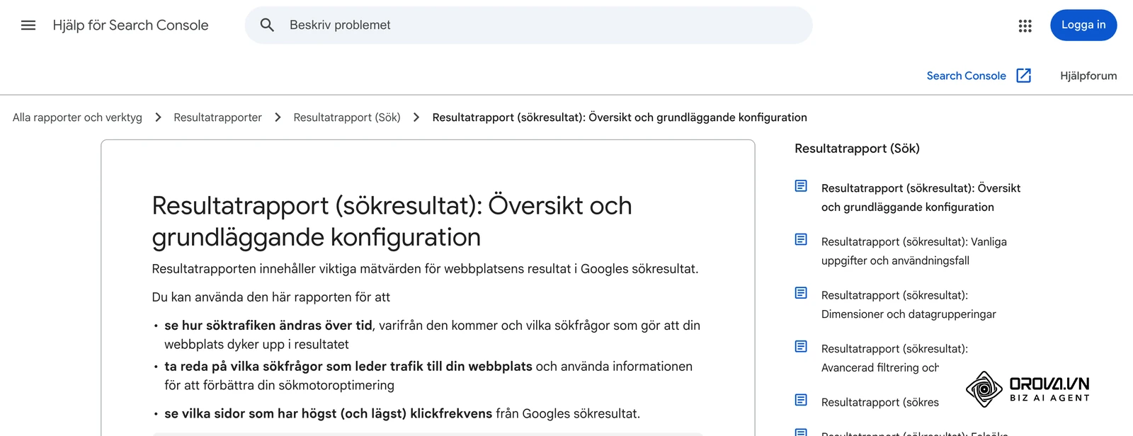 Officiell Hjälp för Search Console på svenska: Resultatrapporten (sökresultat) – mätvärdena Klick, Exponeringar, CTR och Genomsnittlig position.