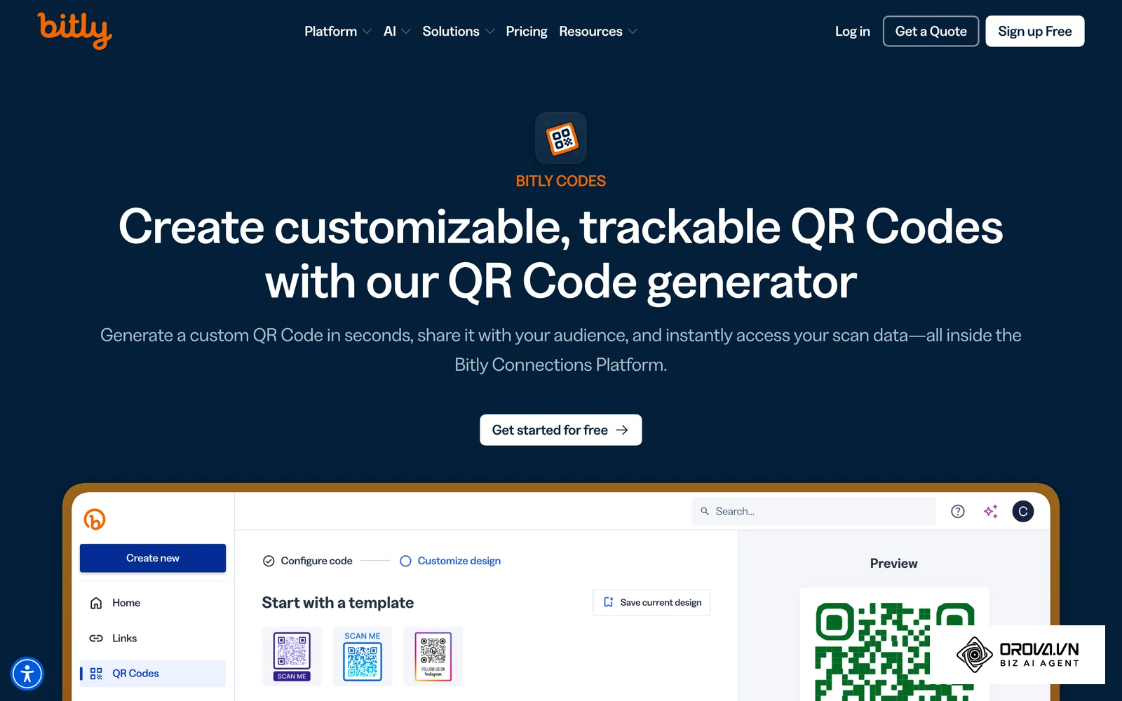 Bitly 官網 QR Code 產品頁,展示可追蹤掃描數據的動態 QR Code 介面
