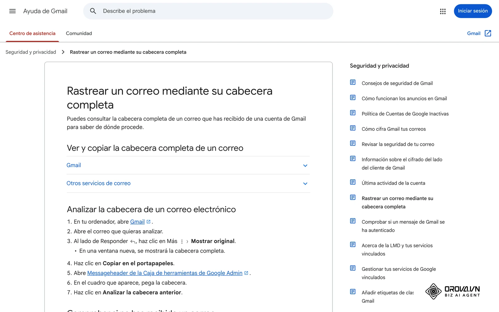 Ayuda de Gmail: cómo ver la cabecera completa de un correo (Mostrar original) para revisar SPF, DKIM y DMARC.