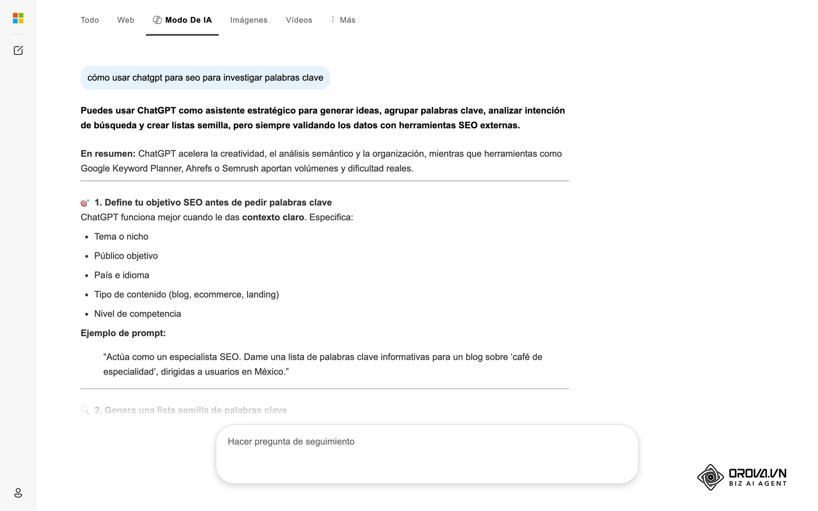Respuesta real de un buscador con IA (Microsoft Copilot Search) a una consulta SEO en español: así trabaja un asistente generativo cuando le pides ayuda con palabras clave.