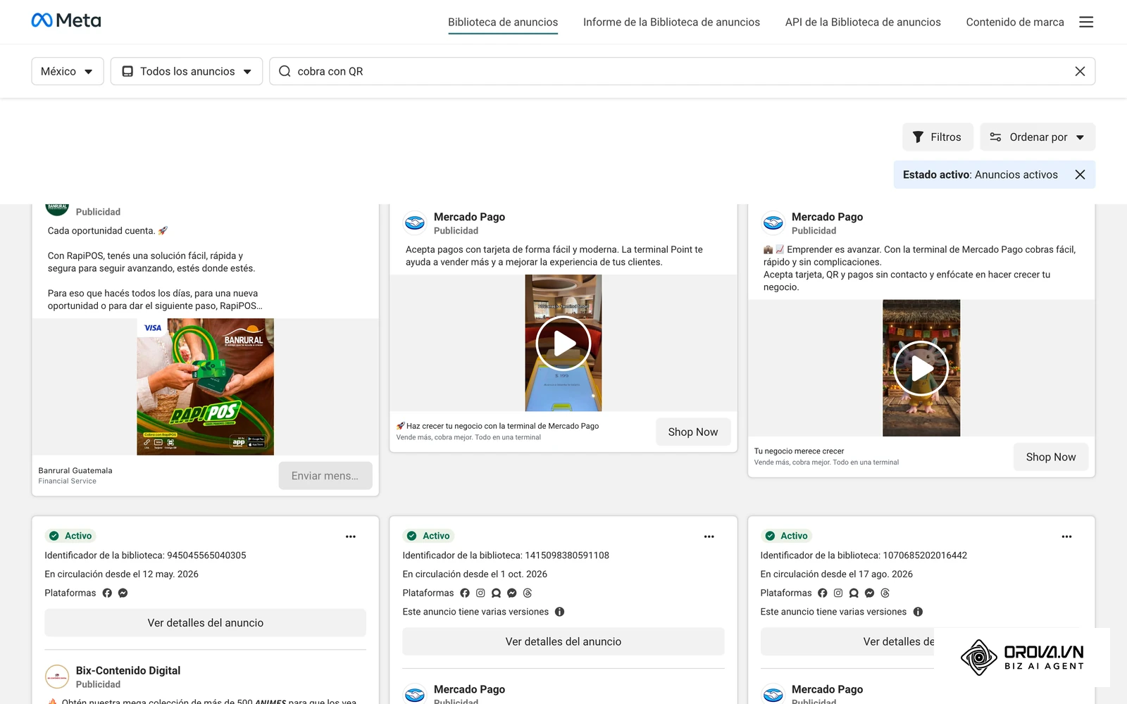 Anuncios reales activos en México al buscar «cobra con QR» en la Biblioteca de anuncios de Meta (octubre de 2026): terminales de Mercado Pago que aceptan tarjeta y QR, y RapiPOS de Banrural.