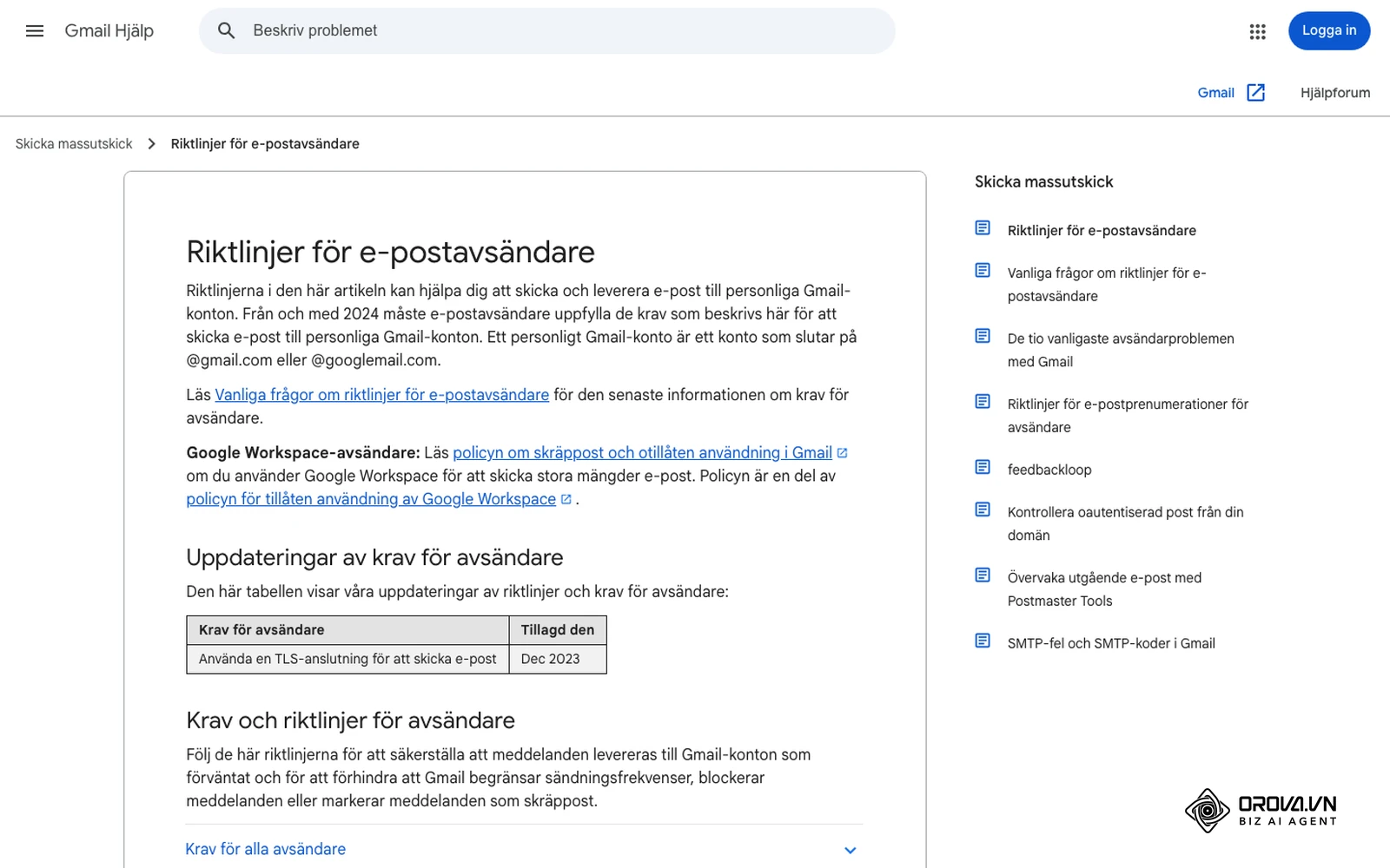 Googles riktlinjer för e-postavsändare: kraven på SPF, DKIM, DMARC, avregistrering med ett klick och låg andel skräppostanmälningar.