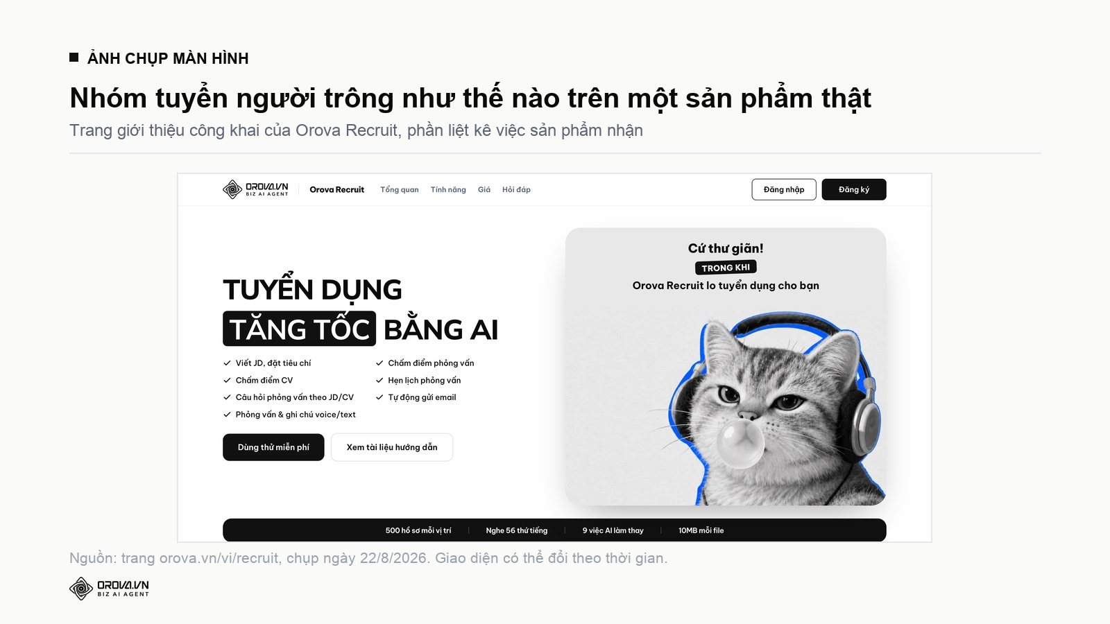 Ảnh chụp trang giới thiệu Orova Recruit trên orova.vn, phần nói về đọc và chấm hồ sơ ứng viên