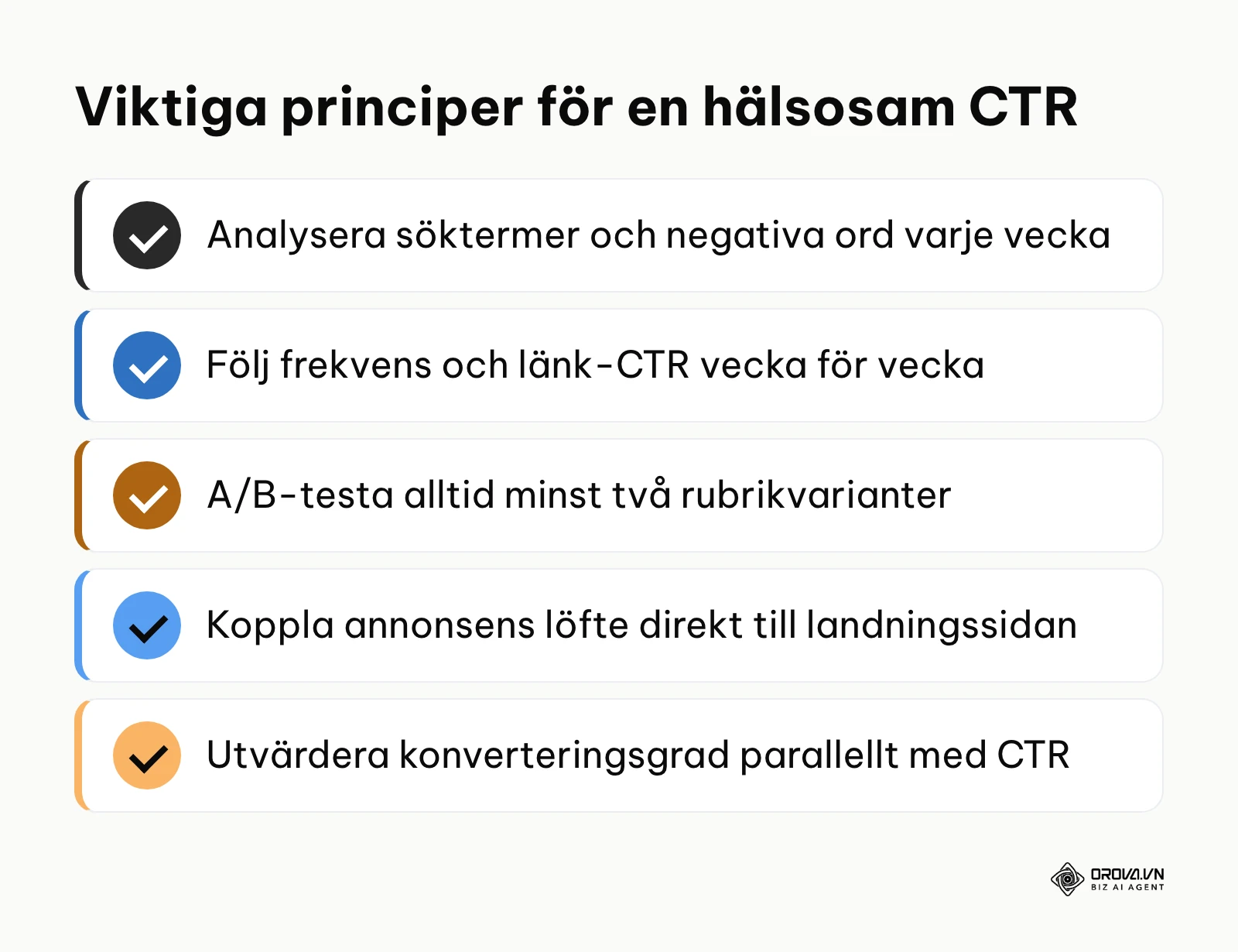 Sammanfattande checklista med de fem viktigaste rutinerna för att bibehålla hög klickfrekvens.