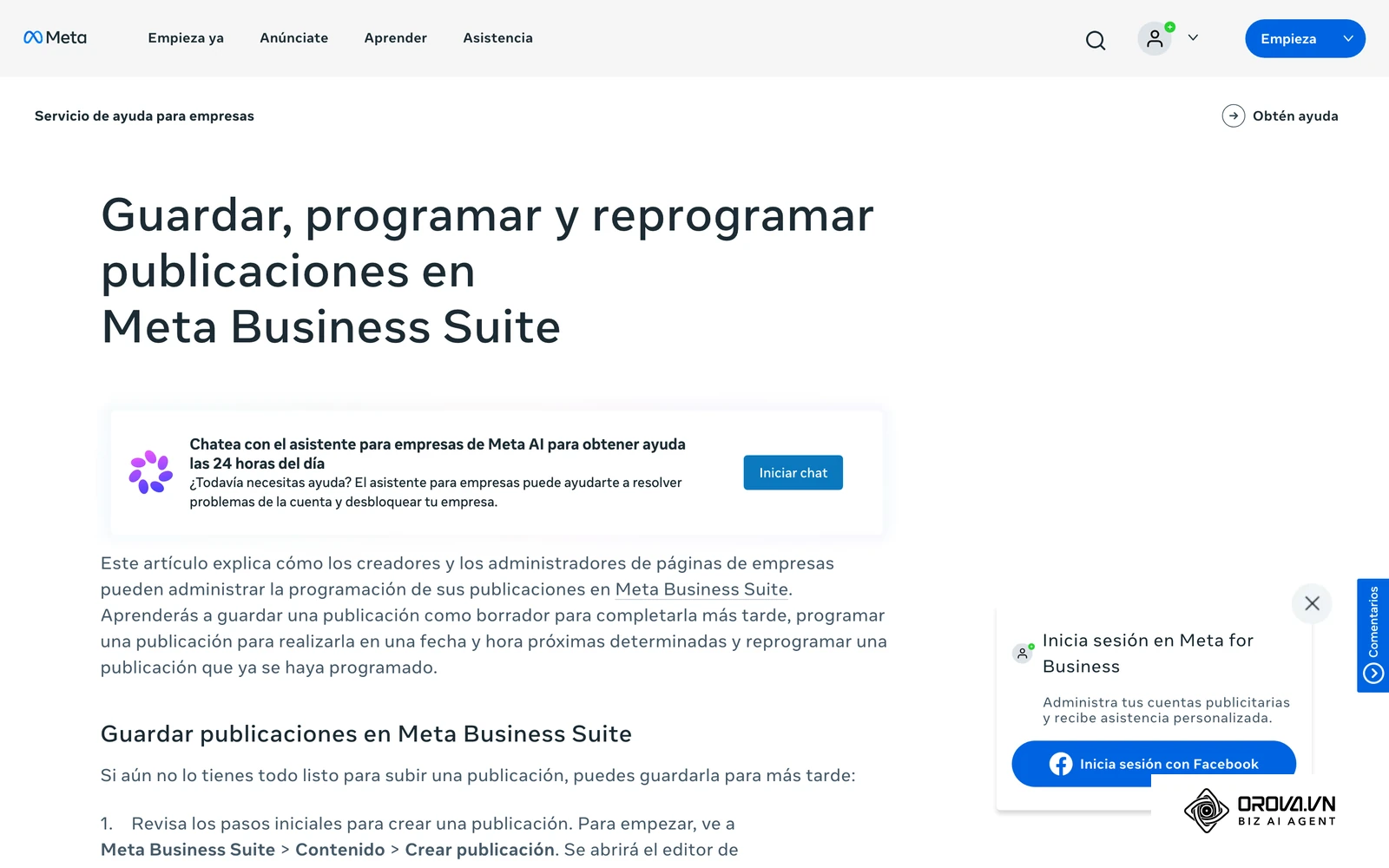 Pàgina d'ajuda oficial de Meta (versió en castellà) sobre com desar, programar i reprogramar publicacions a Meta Business Suite.