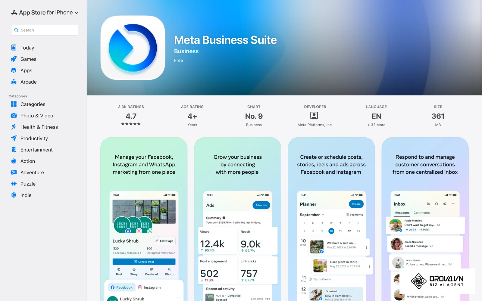 Oficialus Meta Business Suite puslapis App Store: programėlės ekrano nuotraukose matyti, kaip telefone kuriami ir planuojami Facebook bei Instagram įrašai.
