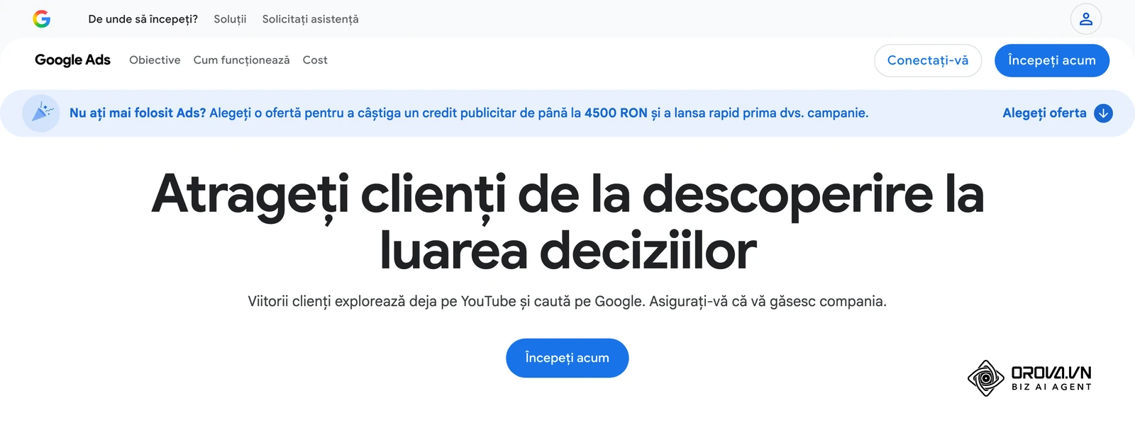 Pagina oficială Google Ads pentru România (ads.google.com redirecționează aici): reclamele pot apărea în Căutarea Google și pe YouTube.