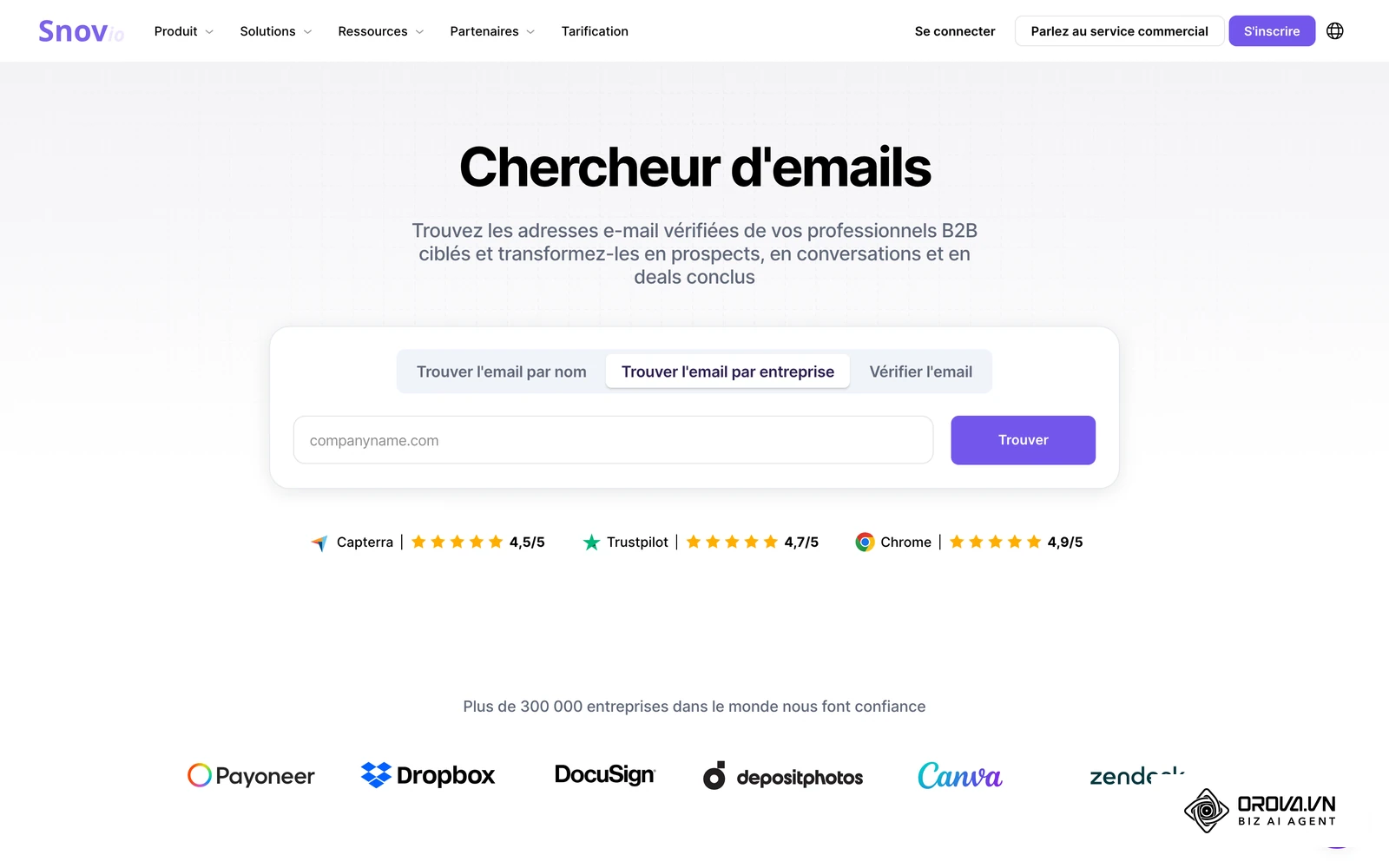 Email Finder de Snov.io : recherche de l'adresse nominative d'un décideur à partir de son nom et du domaine de l'entreprise.