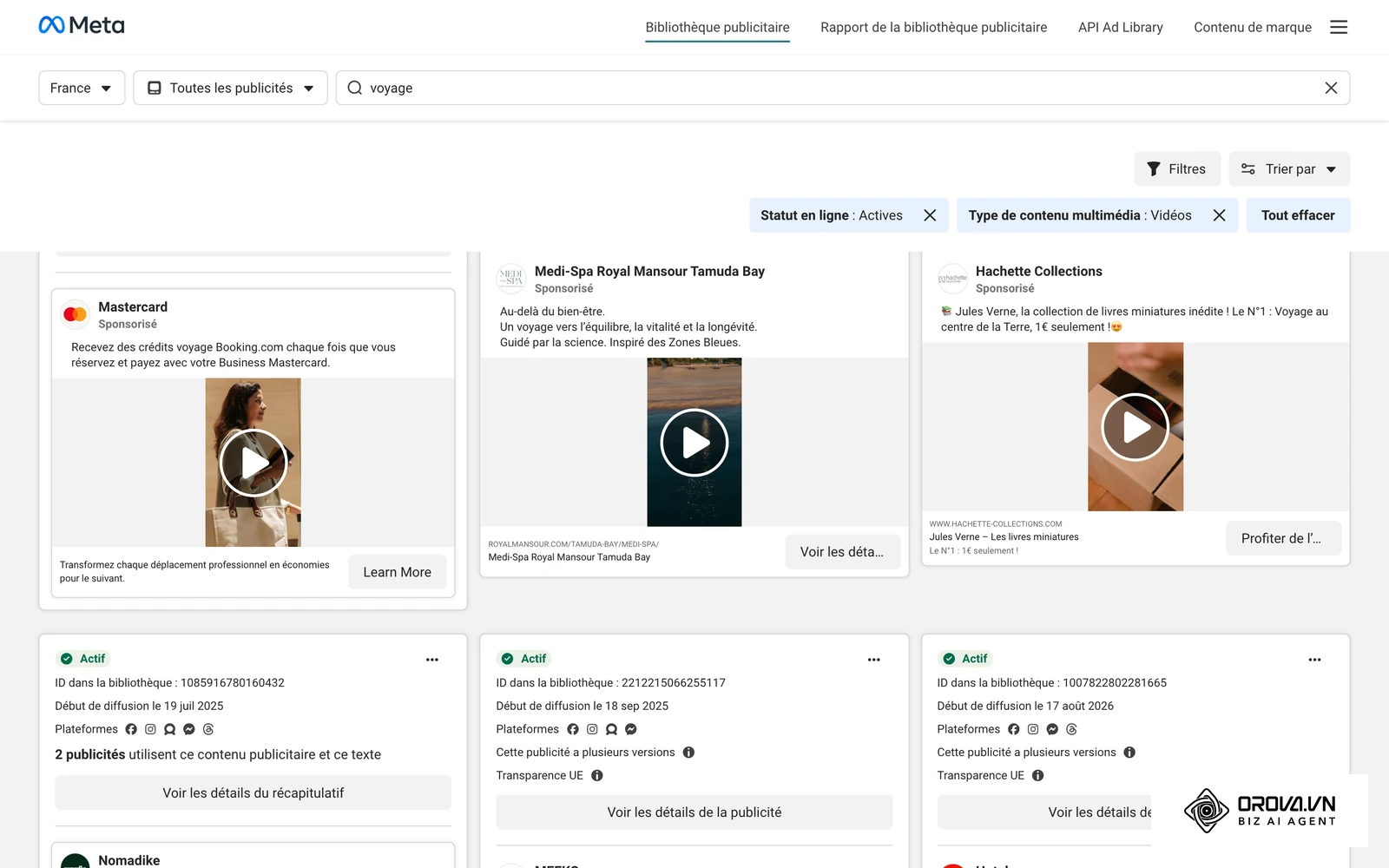 Bibliothèque publicitaire Meta : publicités vidéo actives en France, filtrées sur le type de média vidéo.