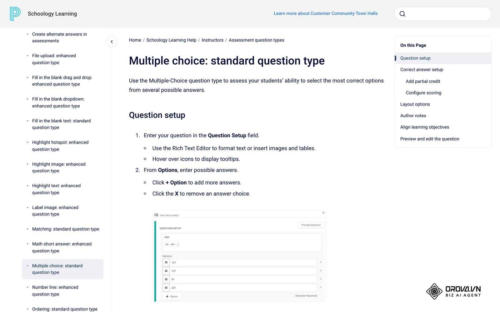 Schoology's question setup screen for a multiple-choice item, as shown in the official PowerSchool Schoology help documentation.