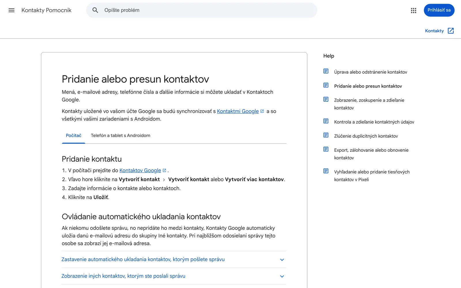 Pomocník Kontaktov Google v slovenčine: aj jednoduchý adresár ukladá mená, telefóny a emaily, CRM systém k nim pridáva históriu obchodu.