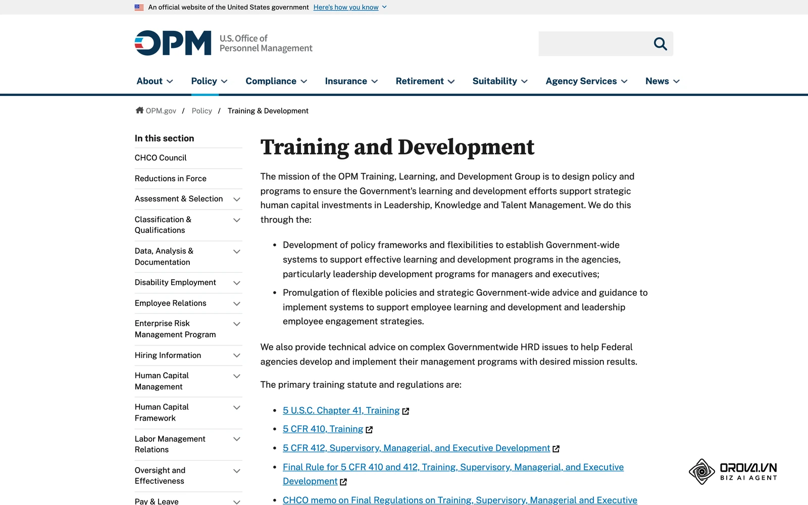 The US Office of Personnel Management's training and development policy page for federal agencies.