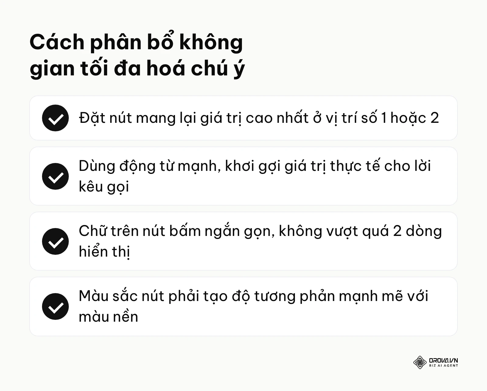 Tóm tắt 4 bí quyết tối ưu không gian Bio Page gồm vị trí nút, lời kêu gọi hành động, độ dài chữ và màu sắc.