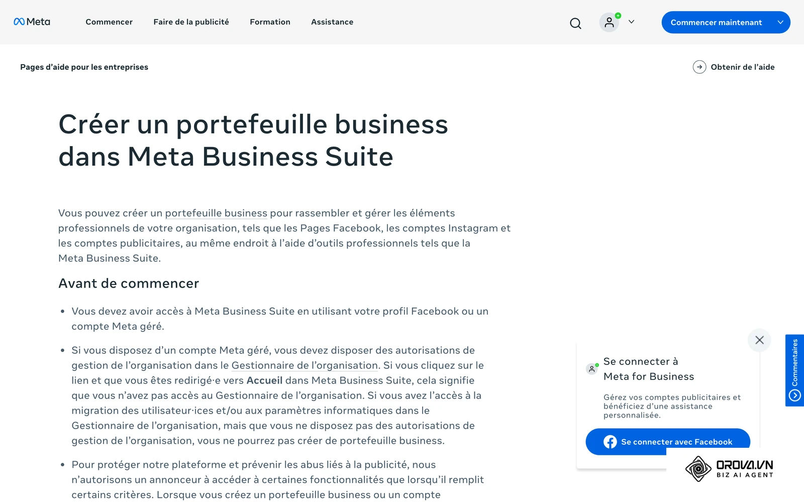 Page d'aide officielle Meta « Créer un portefeuille business dans Meta Business Suite », le nom actuel de l'ancien Business Manager.