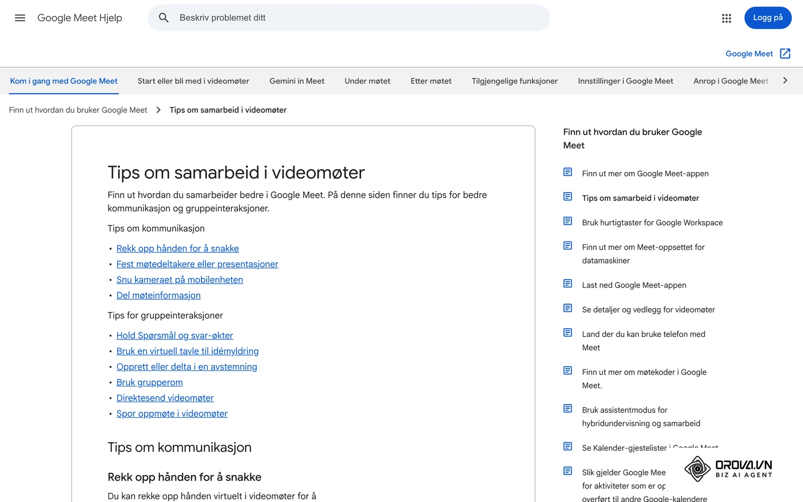 Google Meet sin hjelpeside på norsk med tips om samarbeid i videomøter, blant annet å rekke opp hånden for å be om ordet.