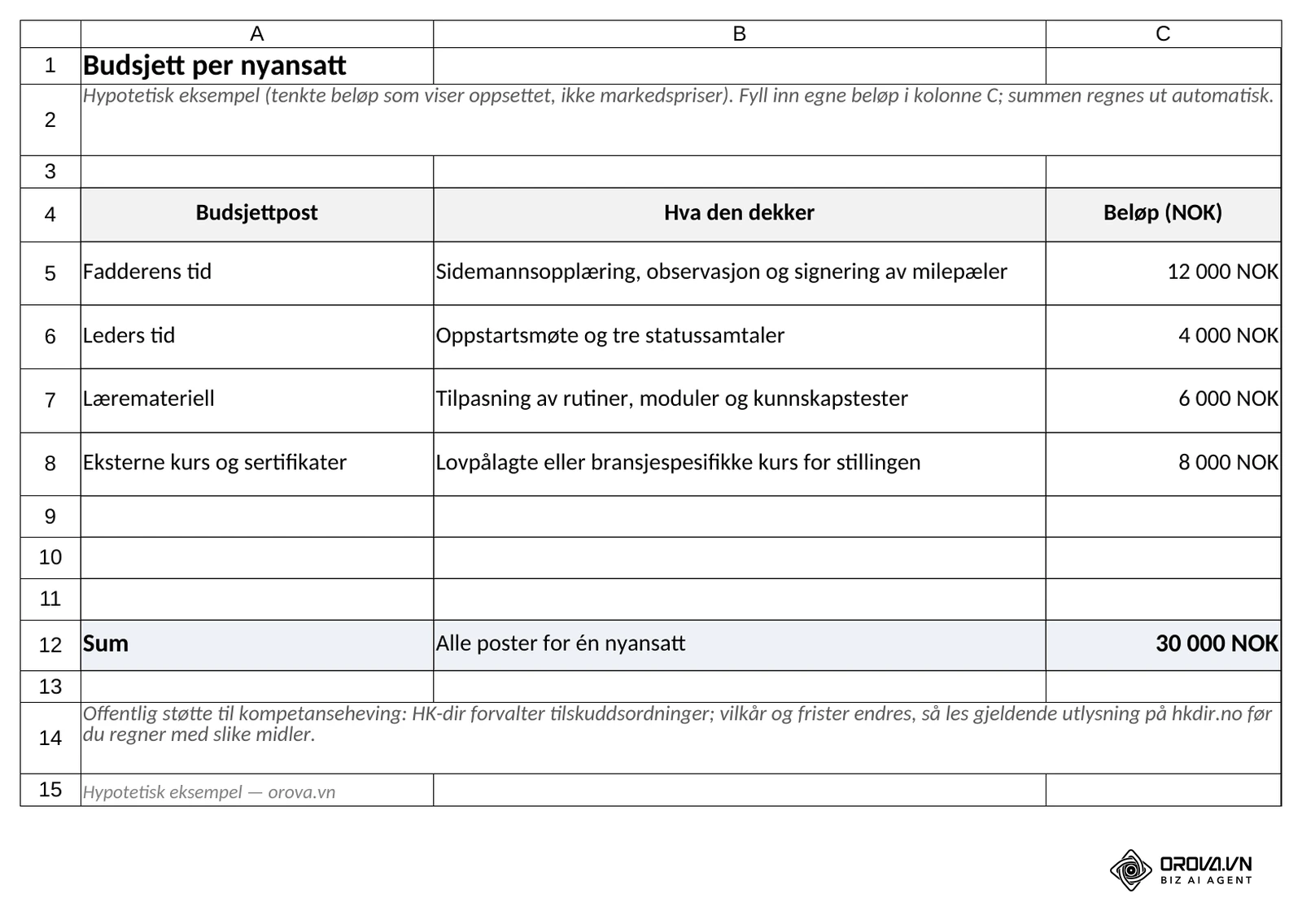 Fanen «Budsjett»: fadderens tid 12 000 NOK, leders tid 4 000 NOK, læremateriell 6 000 NOK og eksterne kurs 8 000 NOK gir en sum på 30 000 NOK per nyansatt, hypotetisk eksempel.